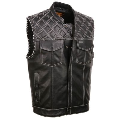 Milwaukee Leather MLM3525 Men's Black 'Paisley' Accented White Stitching Leather Vest – w/Armhole Trim Open Collar Design Milwaukee Leather MLM3525 Men's Black 'Paisley' Accented White Stitching Leather Vest – w/Armhole Trim Open Collar Design
