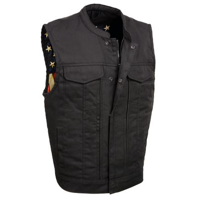 Milwaukee Leather MDM3007 Men's 'Brute' Concealed Snap Black Denim Club Style Vest w/ USA Flag Liner Milwaukee Leather MDM3007 Men's 'Brute' Concealed Snap Black Denim Club Style Vest w/ USA Flag Liner