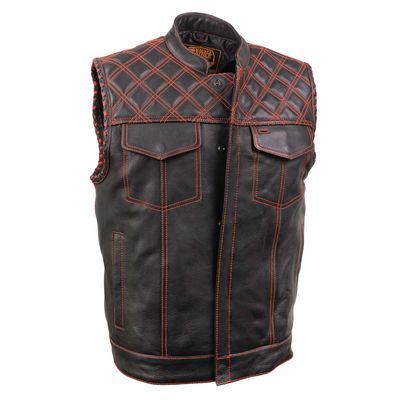 Milwaukee Leather MLM3526 Men's Black 'Paisley' Accented Red Stitching Leather Vest – w/ Armhole Trim Open Collar Design Milwaukee Leather MLM3526 Men's Black 'Paisley' Accented Red Stitching Leather Vest – w/ Armhole Trim Open Collar Design