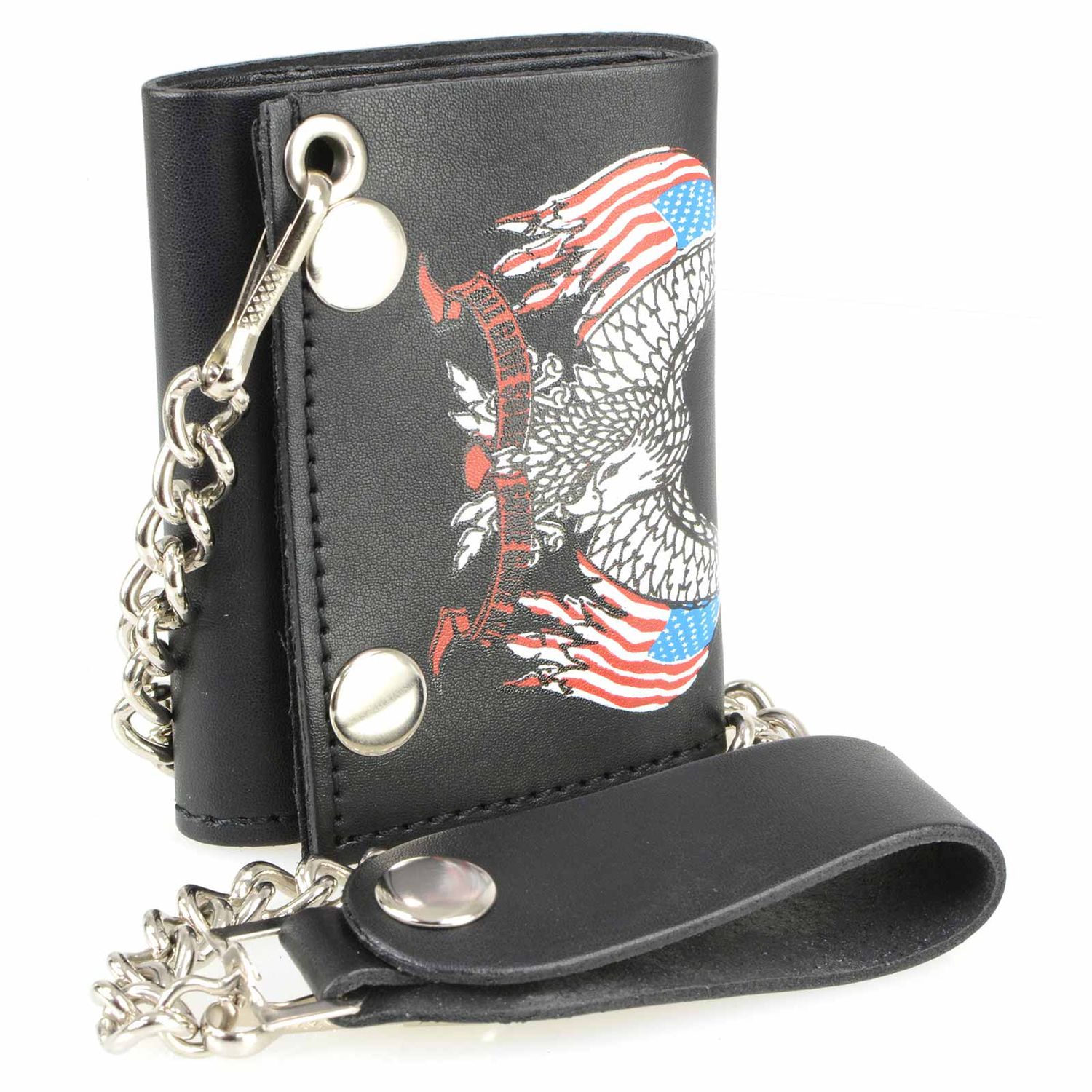 Milwaukee Leather MLW7837 Men's 4” Leather “Eagle w/ Flag” Tri-Fold Wallet w/ Anti-Theft Stainless Steel Chain Milwaukee Leather MLW7837 Men's 4” Leather “Eagle w/ Flag” Tri-Fold Wallet w/ Anti-Theft Stainless Steel Chain