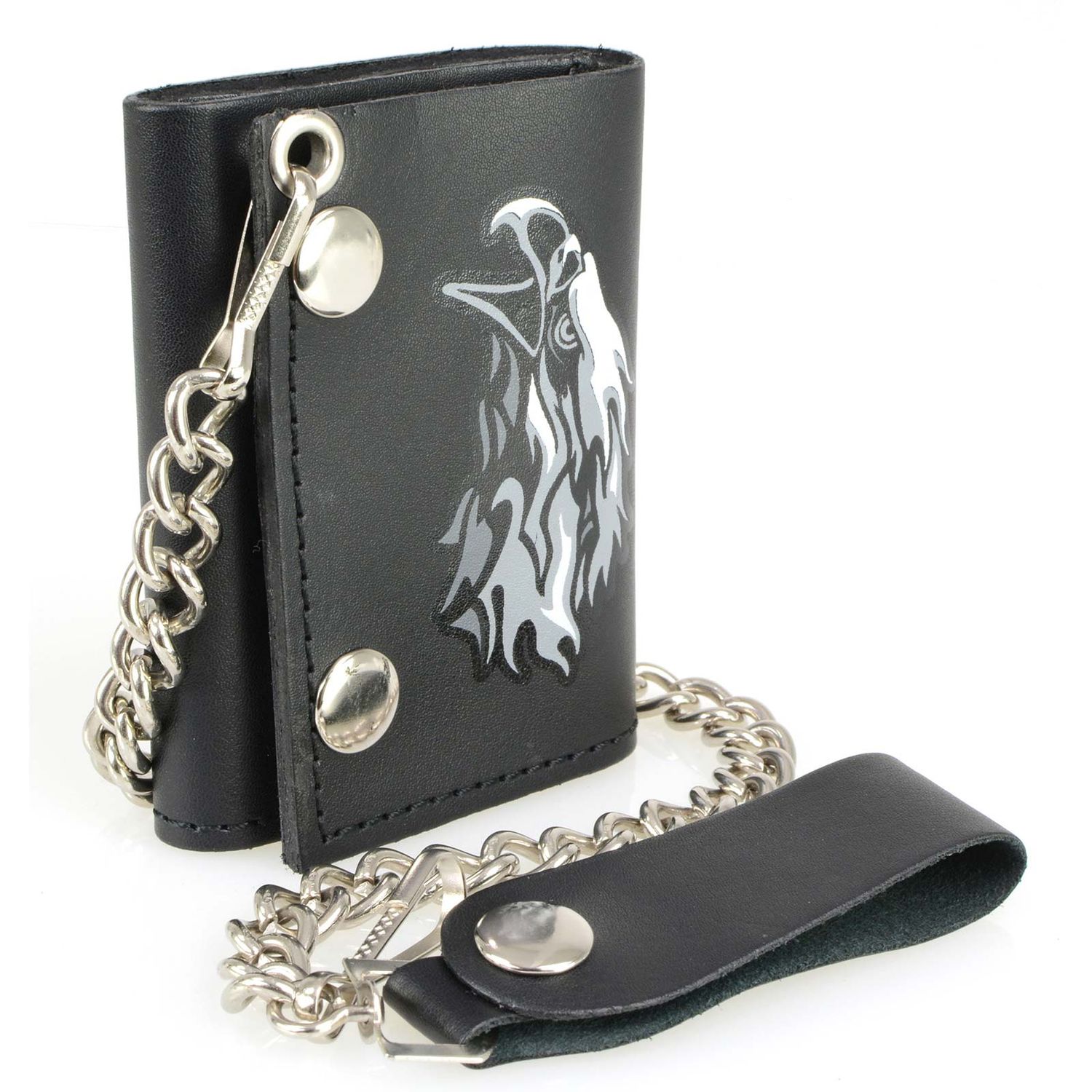 Milwaukee Leather MLW7838 Men's 4” Leather “Flaming Eagle” Tri-Fold Wallet w/ Anti-Theft Stainless Steel Chain Milwaukee Leather MLW7838 Men's 4” Leather “Flaming Eagle” Tri-Fold Wallet w/ Anti-Theft Stainless Steel Chain