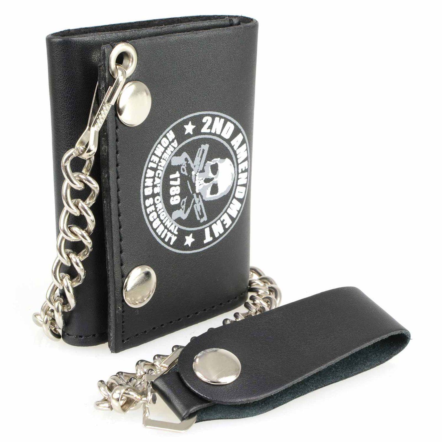 Milwaukee Leather MLW7839 Men's 4” Leather “2nd Amendment” Tri-Fold Wallet w/ Anti-Theft Stainless Steel Chain Milwaukee Leather MLW7839 Men's 4” Leather “2nd Amendment” Tri-Fold Wallet w/ Anti-Theft Stainless Steel Chain