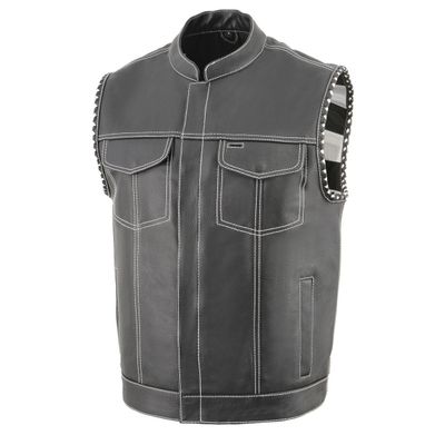 Milwaukee Leather MLM3509 Men's Black Premium Leather Vest - Old Glory Laced Armholes White Stitching Club Style Vest Milwaukee Leather MLM3509 Men's Black Premium Leather Vest - Old Glory Laced Armholes White Stitching Club Style Vest