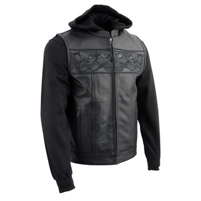 Milwaukee Leather MLM3563 Men's Leather Vest w/ Removeable Hoodie - Black 2 in 1 Reflective Skulls Motorcycle Vest Milwaukee Leather MLM3563 Men's Leather Vest w/ Removeable Hoodie - Black 2 in 1 Reflective Skulls Motorcycle Vest