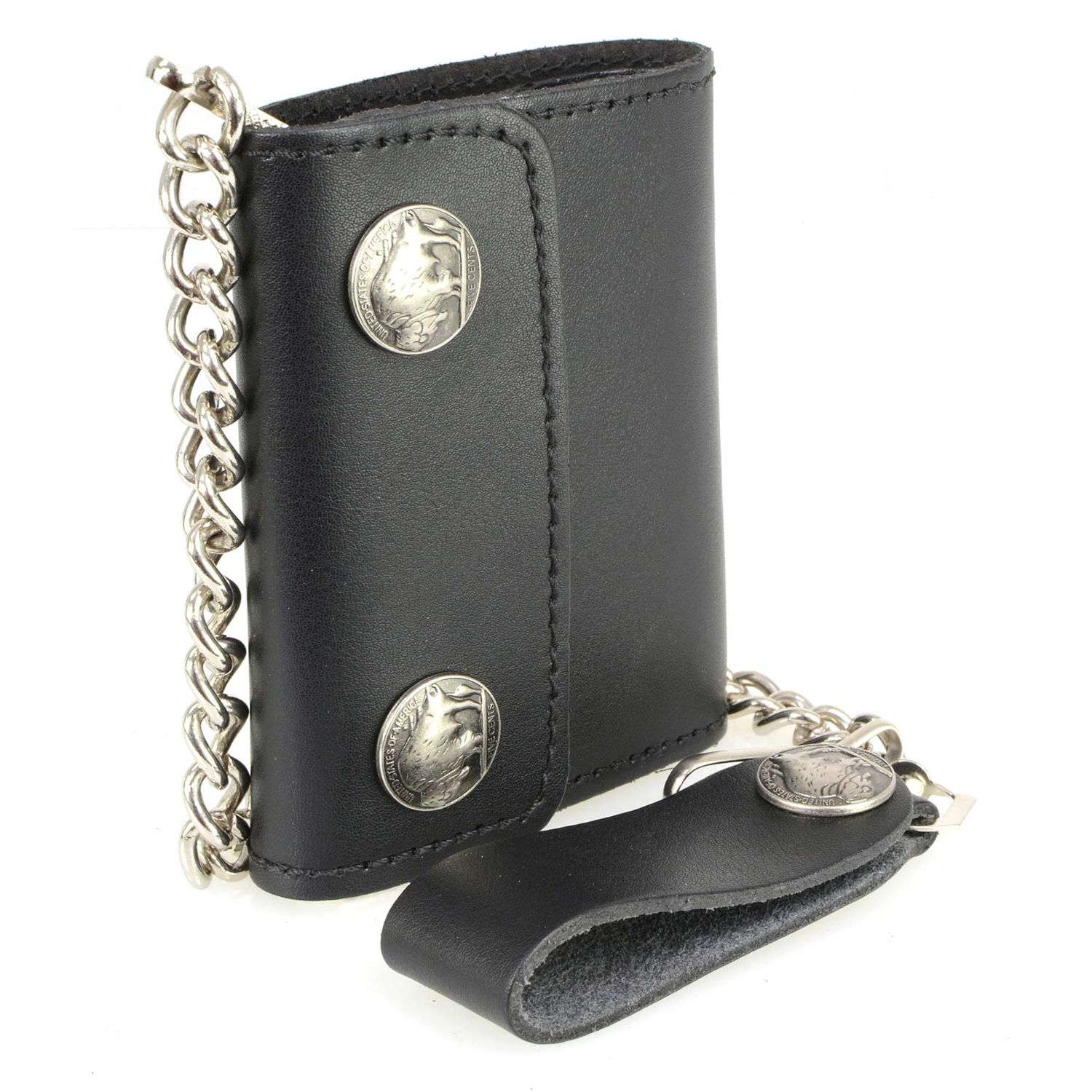 Milwaukee Leather MLW7821 Men's 4” Leather Biker Tri-Fold Wallet w/Buffalo Nickel Snaps Wallet w/ Anti-Theft Stainless Steel Chain Milwaukee Leather MLW7821 Men's 4” Leather Biker Tri-Fold Wallet w/Buffalo Nickel Snaps Wallet w/ Anti-Theft Stainless Steel Chain