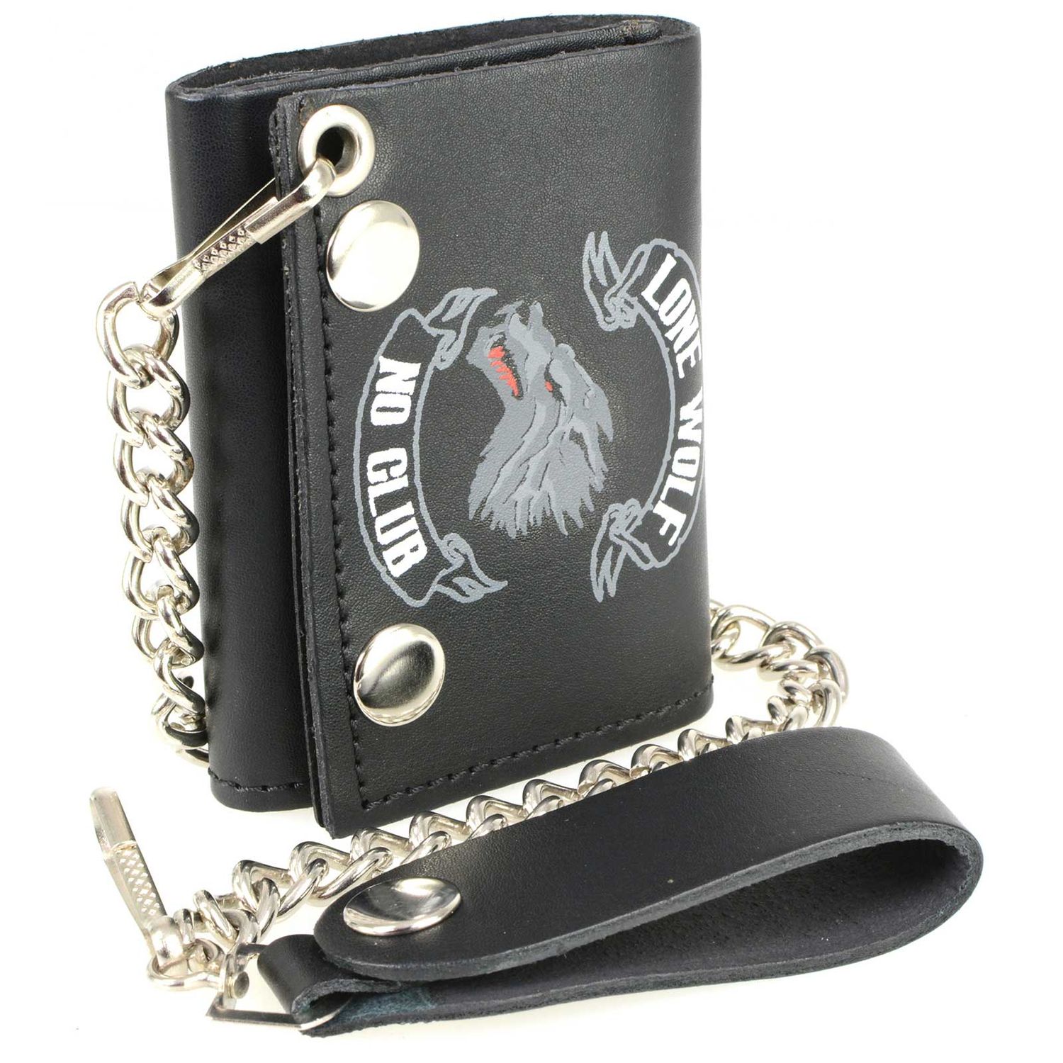 Milwaukee Leather MLW7833 Men's 4” Leather “Lone Wolf No Club” Tri-Fold Wallet w/ Anti-Theft Stainless Steel Chain Milwaukee Leather MLW7833 Men's 4” Leather “Lone Wolf No Club” Tri-Fold Wallet w/ Anti-Theft Stainless Steel Chain