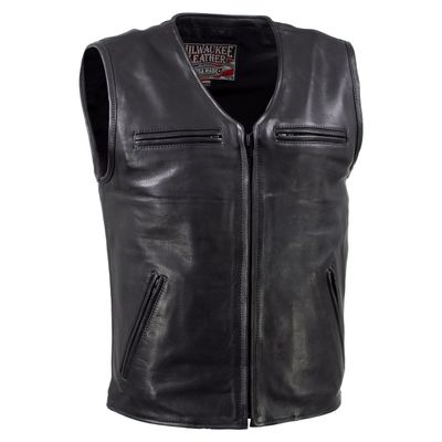 Milwaukee Leather USA MADE MLVSM5009 Men's Black 'Slinger' V-Neck Motorcycle Premium Leather Zippered Vest Milwaukee Leather USA MADE MLVSM5009 Men's Black 'Slinger' V-Neck Motorcycle Premium Leather Zippered Vest