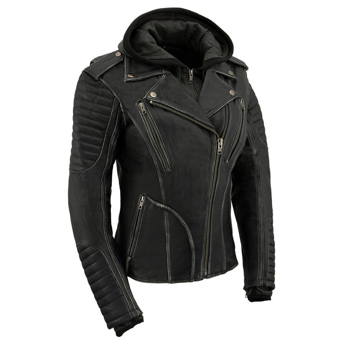 Milwaukee Leather MLL2516 Black Leather Rub-Off Leather Jacket with Hoodie for Women Milwaukee Leather MLL2516 Black Leather Rub-Off Leather Jacket with Hoodie for Women