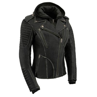 Milwaukee Leather MLL2516 Black Leather Rub-Off Leather Jacket with Hoodie for Women Milwaukee Leather MLL2516 Black Leather Rub-Off Leather Jacket with Hoodie for Women