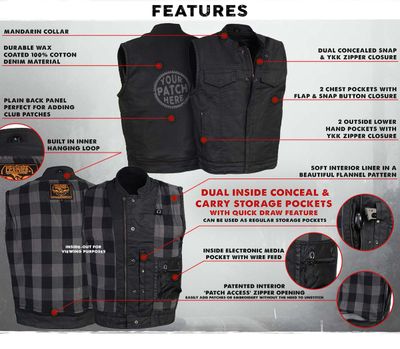 Milwaukee Leather MDM3025 Men’s Black Waxy Coated Denim Club Style Motorcycle Rider Vest w/ Shirt Collar w/ Shirt Collar