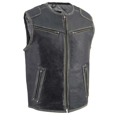 Milwaukee Leather MLM3536 Men's Vintage Leather Vest- Distressed Grey Front Zipper Collarless Motorcycle Rider Vest Milwaukee Leather MLM3536 Men's Vintage Leather Vest- Distressed Grey Front Zipper Collarless Motorcycle Rider Vest