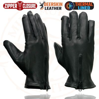 Milwaukee Leather SH866 Men's Thermal Lined USA Deerskin Leather Black Motorcycle Gloves w/ Zipper Closure