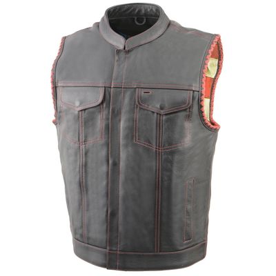 Milwaukee Leather MLM3506 Men's Black Premium Leather Vest - Old Glory Laced Armholes Red Stitching Club Style Vest Milwaukee Leather MLM3506 Men's Black Premium Leather Vest - Old Glory Laced Armholes Red Stitching Club Style Vest