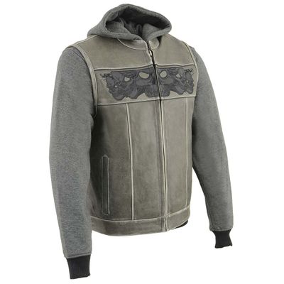 Milwaukee Leather MLM3562 Men's Leather Vest w/ Removeable Hoodie - Distress Grey Reflective Skulls Motorcycle Vest Milwaukee Leather MLM3562 Men's Leather Vest w/ Removeable Hoodie - Distress Grey Reflective Skulls Motorcycle Vest