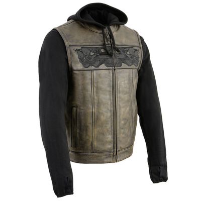Milwaukee Leather MLM3561 Men's Leather Vest w/ Removeable Hoodie- Distress Brown Reflective Skulls Motorcycle Vest Milwaukee Leather MLM3561 Men's Leather Vest w/ Removeable Hoodie- Distress Brown Reflective Skulls Motorcycle Vest