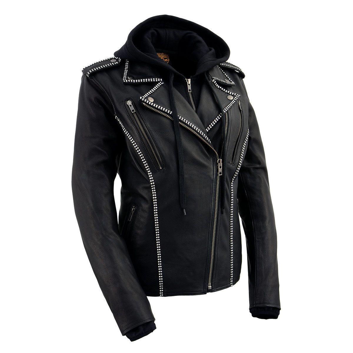 Milwaukee Leather MLL2503 Women's Black 'Bedazzled' Leather Moto Jacket with Hoodie Milwaukee Leather MLL2503 Women's Black 'Bedazzled' Leather Moto Jacket with Hoodie