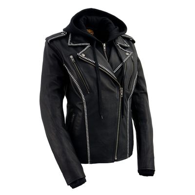 Milwaukee Leather MLL2503 Women's Black 'Bedazzled' Leather Moto Jacket with Hoodie Milwaukee Leather MLL2503 Women's Black 'Bedazzled' Leather Moto Jacket with Hoodie
