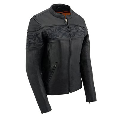 Milwaukee Leather MLL2540 Women's Crossover Black Leather Scooter Jacket w/ Reflective Skull Graphic Milwaukee Leather MLL2540 Women's Crossover Black Leather Scooter Jacket w/ Reflective Skull Graphic