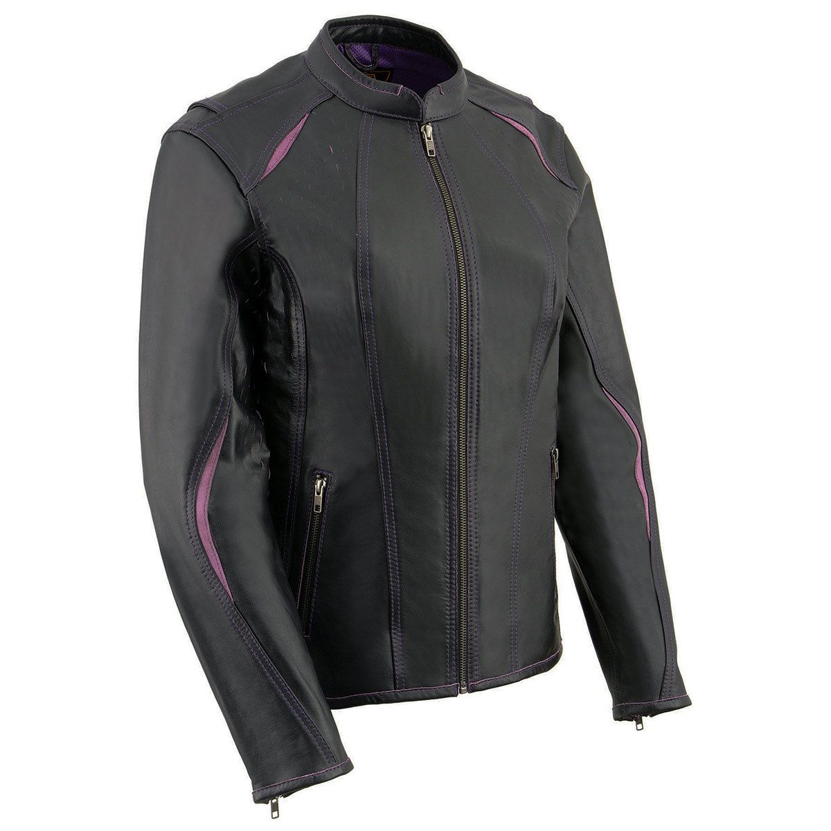 Milwaukee Leather MLL2502 Women's 'Laser Cut' Distressed Black and Purple Scuba Style Racer Jacket Milwaukee Leather MLL2502 Women's 'Laser Cut' Distressed Black and Purple Scuba Style Racer Jacket