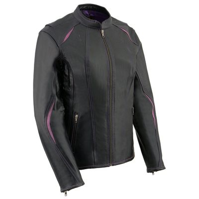 Milwaukee Leather MLL2502 Women's 'Laser Cut' Distressed Black and Purple Scuba Style Racer Jacket Milwaukee Leather MLL2502 Women's 'Laser Cut' Distressed Black and Purple Scuba Style Racer Jacket