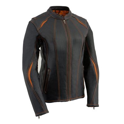Milwaukee Leather MLL2502 Women's 'Laser Cut' Distressed Black and Orange Scuba Style Racer Jacket Milwaukee Leather MLL2502 Women's 'Laser Cut' Distressed Black and Orange Scuba Style Racer Jacket