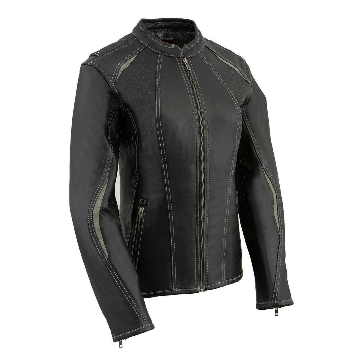 Milwaukee Leather MLL2502 Women's 'Laser Cut' Distressed Black and Grey Scuba Style Racer Jacket Milwaukee Leather MLL2502 Women's 'Laser Cut' Distressed Black and Grey Scuba Style Racer Jacket