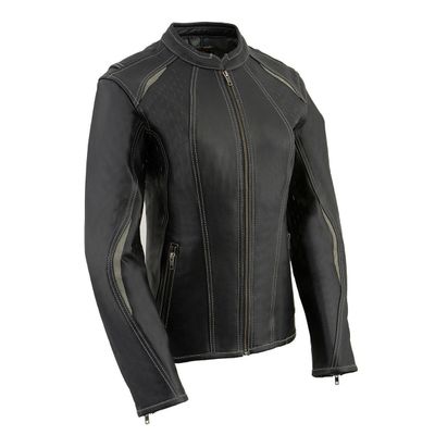 Milwaukee Leather MLL2502 Women's 'Laser Cut' Distressed Black and Grey Scuba Style Racer Jacket Milwaukee Leather MLL2502 Women's 'Laser Cut' Distressed Black and Grey Scuba Style Racer Jacket