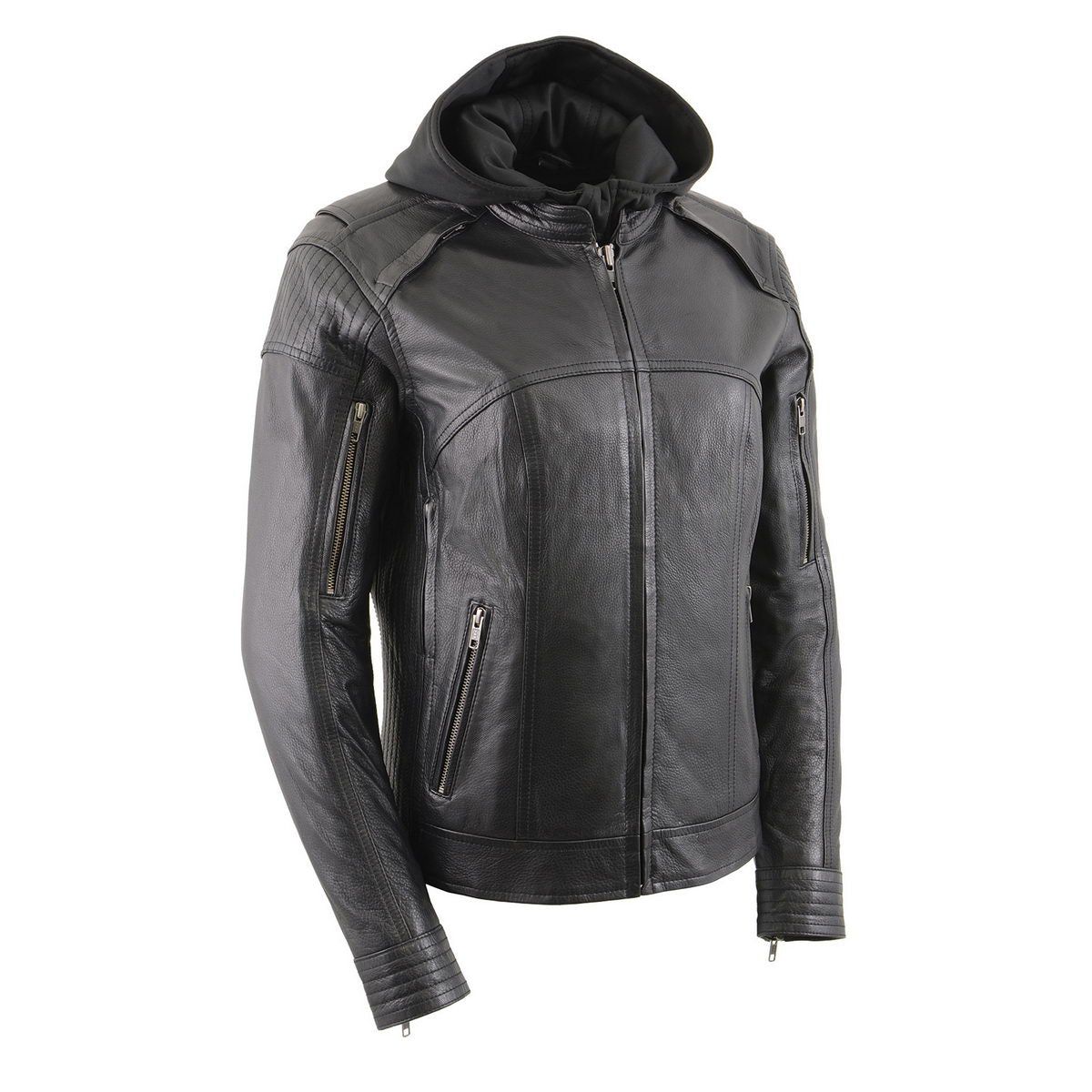 Milwaukee Leather Women's Vented Racer Leather Jacket with Removable Hoodie MLL2501 Milwaukee Leather Women's Vented Racer Leather Jacket with Removable Hoodie MLL2501