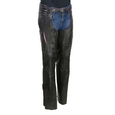 Milwaukee Leather Chaps for Women Black and Purple Premium Skin Laser Cut Accent Stitching Motorcycle Chap- MLL6525 Milwaukee Leather Chaps for Women Black and Purple Premium Skin Laser Cut Accent Stitching Motorcycle Chap- MLL6525