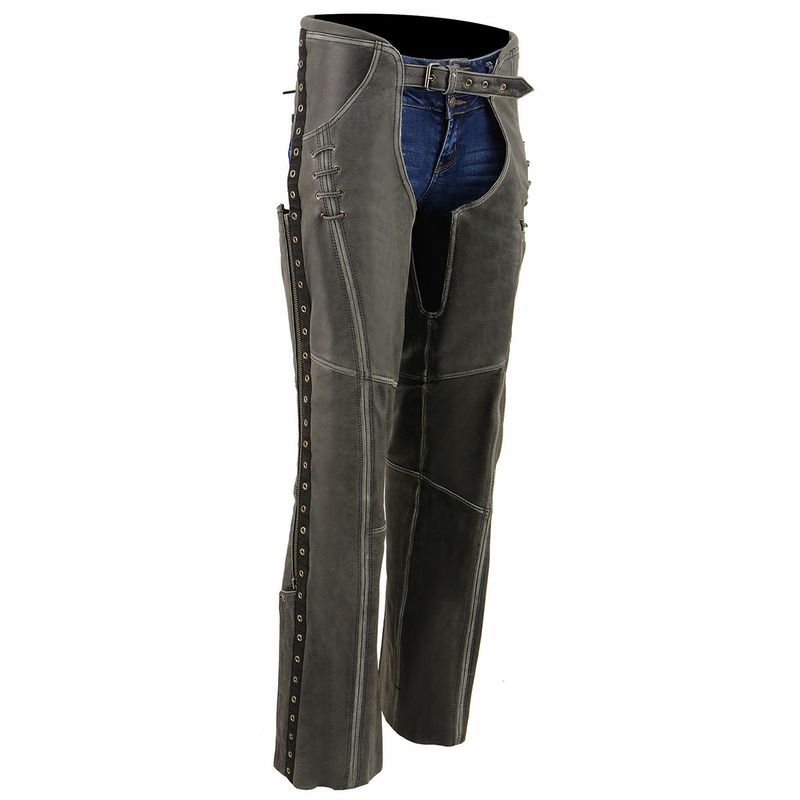 Milwaukee Leather Women Distress Grey Premium Leather Motorcycle Chaps w/ Accent Lace Details MLL6536 Milwaukee Leather Women Distress Grey Premium Leather Motorcycle Chaps w/ Accent Lace Details MLL6536