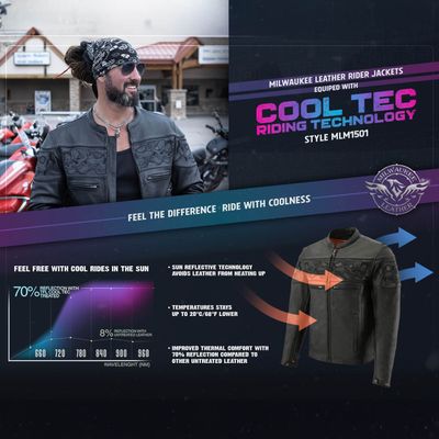 Milwaukee Leather MLM1501 Men's Black 'Cool-Tec' Leather Crossover Scooter Jacket with Reflective Skulls