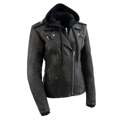 Milwaukee Leather MLL2575 Women's Black Leather Vented Motorcycle Jacket w/ Removable Hoodie Milwaukee Leather MLL2575 Women's Black Leather Vented Motorcycle Jacket w/ Removable Hoodie