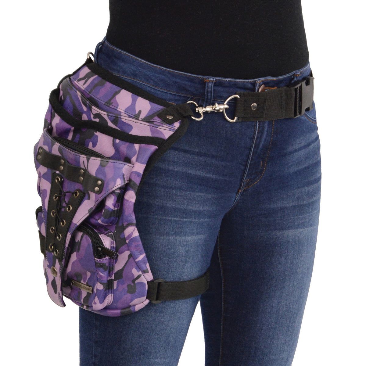 Milwaukee Leather MP8886 Ladies Purple Leather Camouflage Conceal and Carry Black Thigh Bag Milwaukee Leather MP8886 Ladies Purple Leather Camouflage Conceal and Carry Black Thigh Bag