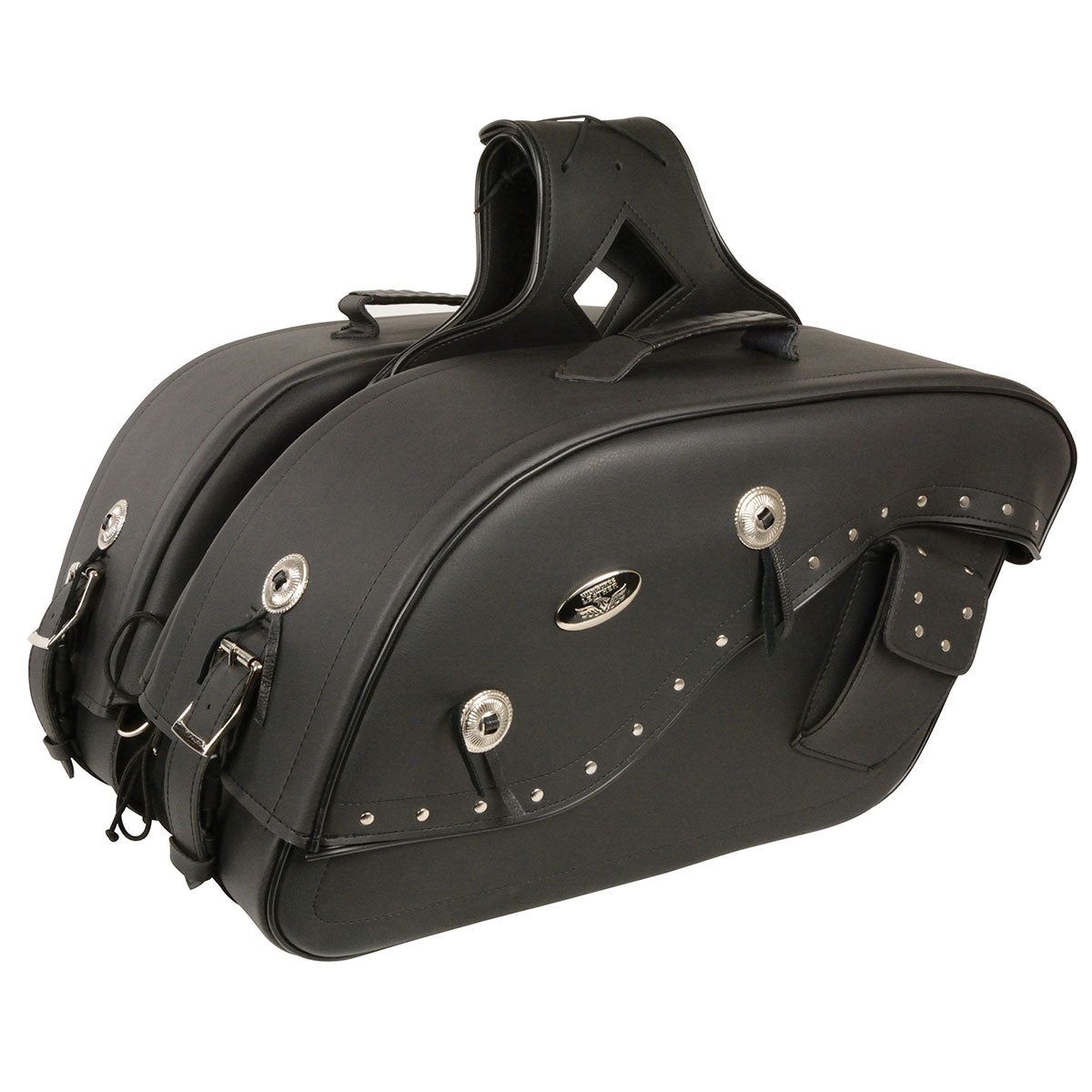 Milwaukee Leather MP8301 Black PVC Medium Cruiser Style Riveted Throw Over Saddlebags Milwaukee Leather MP8301 Black PVC Medium Cruiser Style Riveted Throw Over Saddlebags
