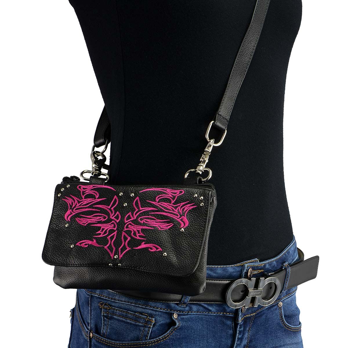 Milwaukee Leather MP8852 Women's Black and Pink Leather Multi Pocket Belt Bag Milwaukee Leather MP8852 Women's Black and Pink Leather Multi Pocket Belt Bag