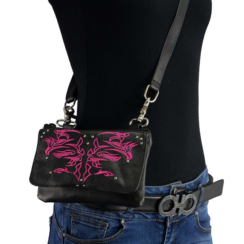 Milwaukee Leather MP8852 Women's Black and Pink Leather Multi Pocket Belt Bag Milwaukee Leather MP8852 Women's Black and Pink Leather Multi Pocket Belt Bag