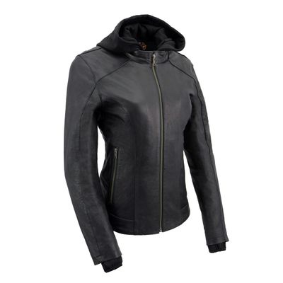 Milwaukee Leather MLL2545 Women's Lightweight Black Leather Jacket with Removable Hoodie Milwaukee Leather MLL2545 Women's Lightweight Black Leather Jacket with Removable Hoodie