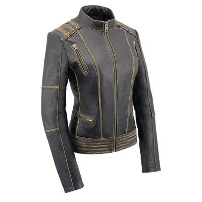 Milwaukee Leather MLL2527 Women's 'Elegant' Distressed Brown Detail Laced Leather Jacket Milwaukee Leather MLL2527 Women's 'Elegant' Distressed Brown Detail Laced Leather Jacket