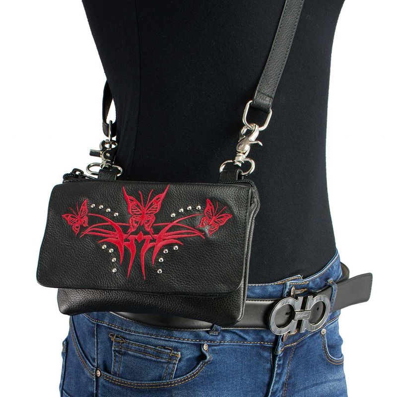 Milwaukee Leather MP8851 Women's Black and Red Leather Multi Pocket Belt Bag Milwaukee Leather MP8851 Women's Black and Red Leather Multi Pocket Belt Bag