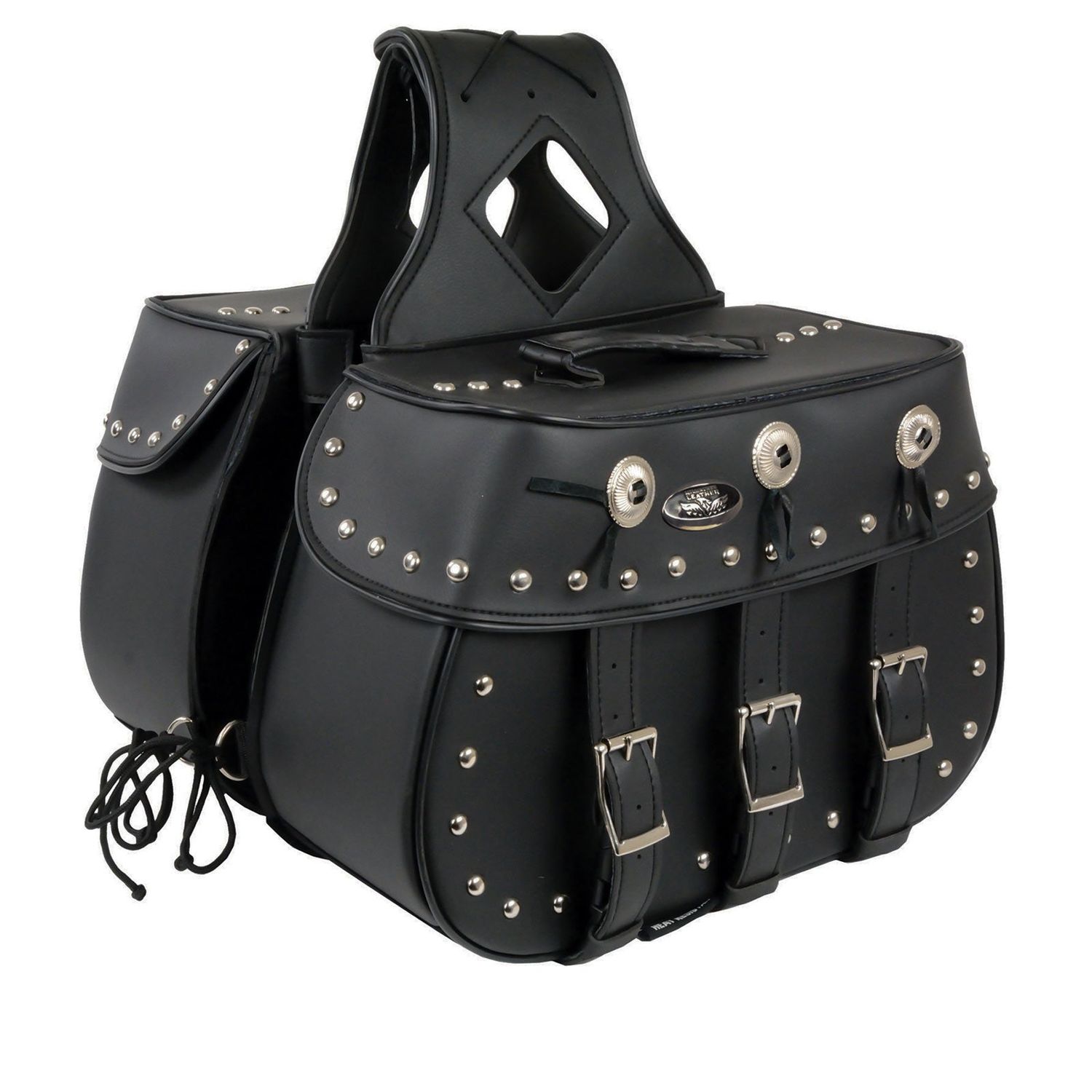 Milwaukee Leather SH652ZB Black Zip-Off Triple Buckle PVC Throw Over Motorcycle Saddle Bags with Studs (18X11X7X19) Milwaukee Leather SH652ZB Black Zip-Off Triple Buckle PVC Throw Over Motorcycle Saddle Bags with Studs (18X11X7X19)