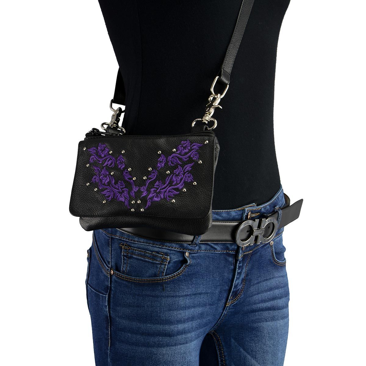 Milwaukee Leather MP8853 Women's 'Flower' Black and Purple Leather Multi Pocket Belt Bag Milwaukee Leather MP8853 Women's 'Flower' Black and Purple Leather Multi Pocket Belt Bag