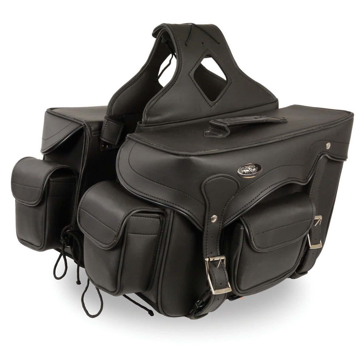 Milwaukee Performance SH666ZB Black PVC Double Front Pocket Throw Over Saddle Bag with Reflective Piping Milwaukee Performance SH666ZB Black PVC Double Front Pocket Throw Over Saddle Bag with Reflective Piping