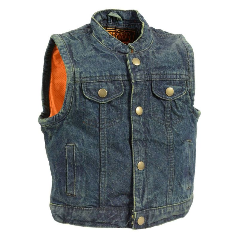 Milwaukee Leather MDK3920 Kids Blue Denim Club Style Snap Front Vest Milwaukee Leather MDK3920 Kids Blue Denim Club Style Snap Front Vest