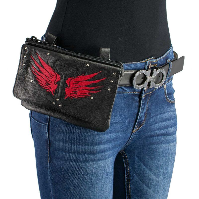 Milwaukee Leather MP8850 Ladies 'Winged' Leather Black and Red Multi Pocket Belt Bag Milwaukee Leather MP8850 Ladies 'Winged' Leather Black and Red Multi Pocket Belt Bag
