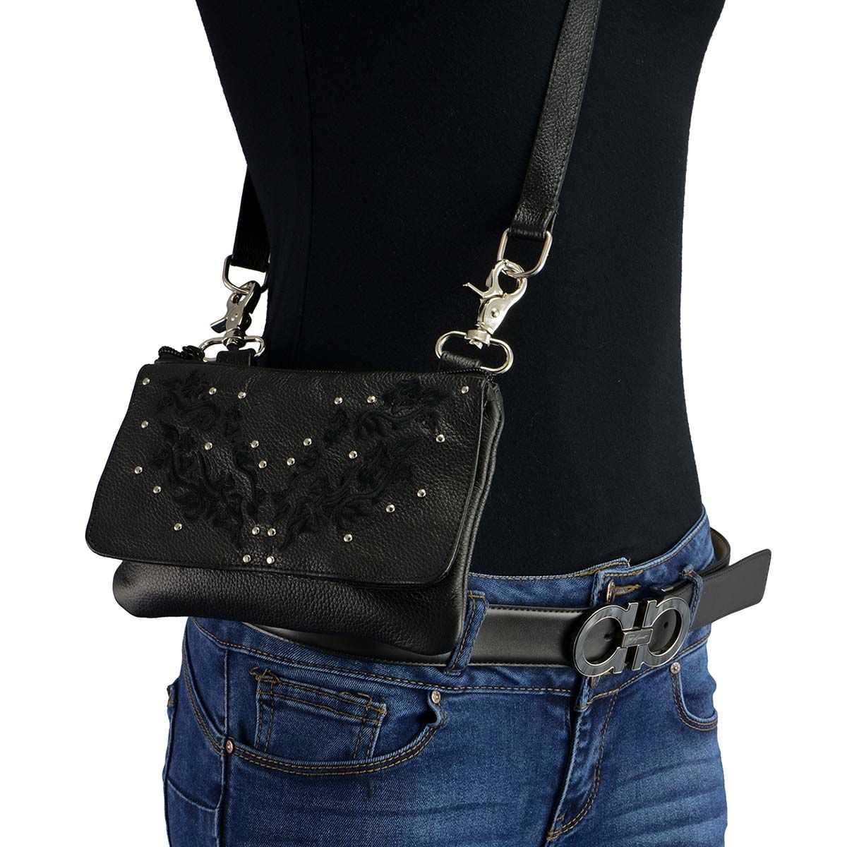 Milwaukee Leather MP8853 Women's 'Flower' Black Leather Multi Pocket Belt Bag Milwaukee Leather MP8853 Women's 'Flower' Black Leather Multi Pocket Belt Bag