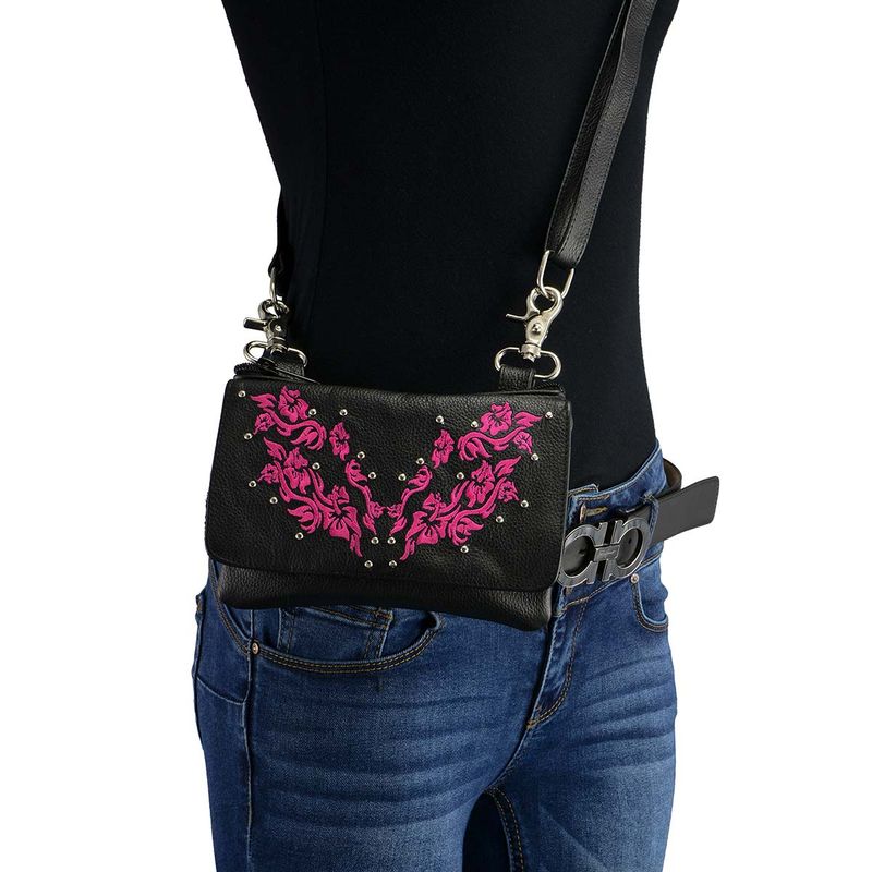Milwaukee Leather MP8853 Women's 'Flower' Black and Pink Leather Multi Pocket Belt Bag Milwaukee Leather MP8853 Women's 'Flower' Black and Pink Leather Multi Pocket Belt Bag