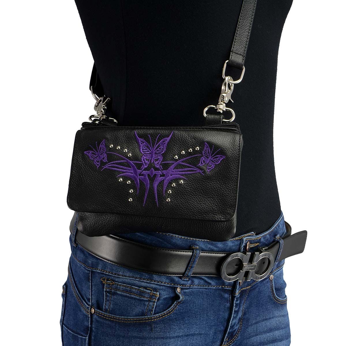 Milwaukee Leather MP8851 Women's Black and Purple Leather Multi Pocket Belt Bag Milwaukee Leather MP8851 Women's Black and Purple Leather Multi Pocket Belt Bag