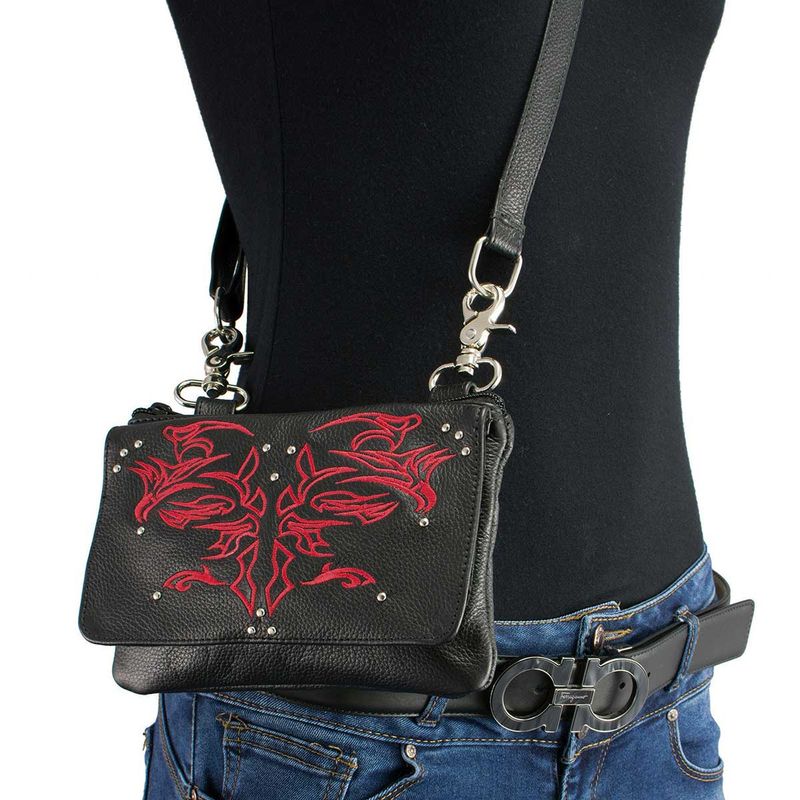 Milwaukee Leather MP8852 Women's Black and Red Leather Multi Pocket Belt Bag Milwaukee Leather MP8852 Women's Black and Red Leather Multi Pocket Belt Bag