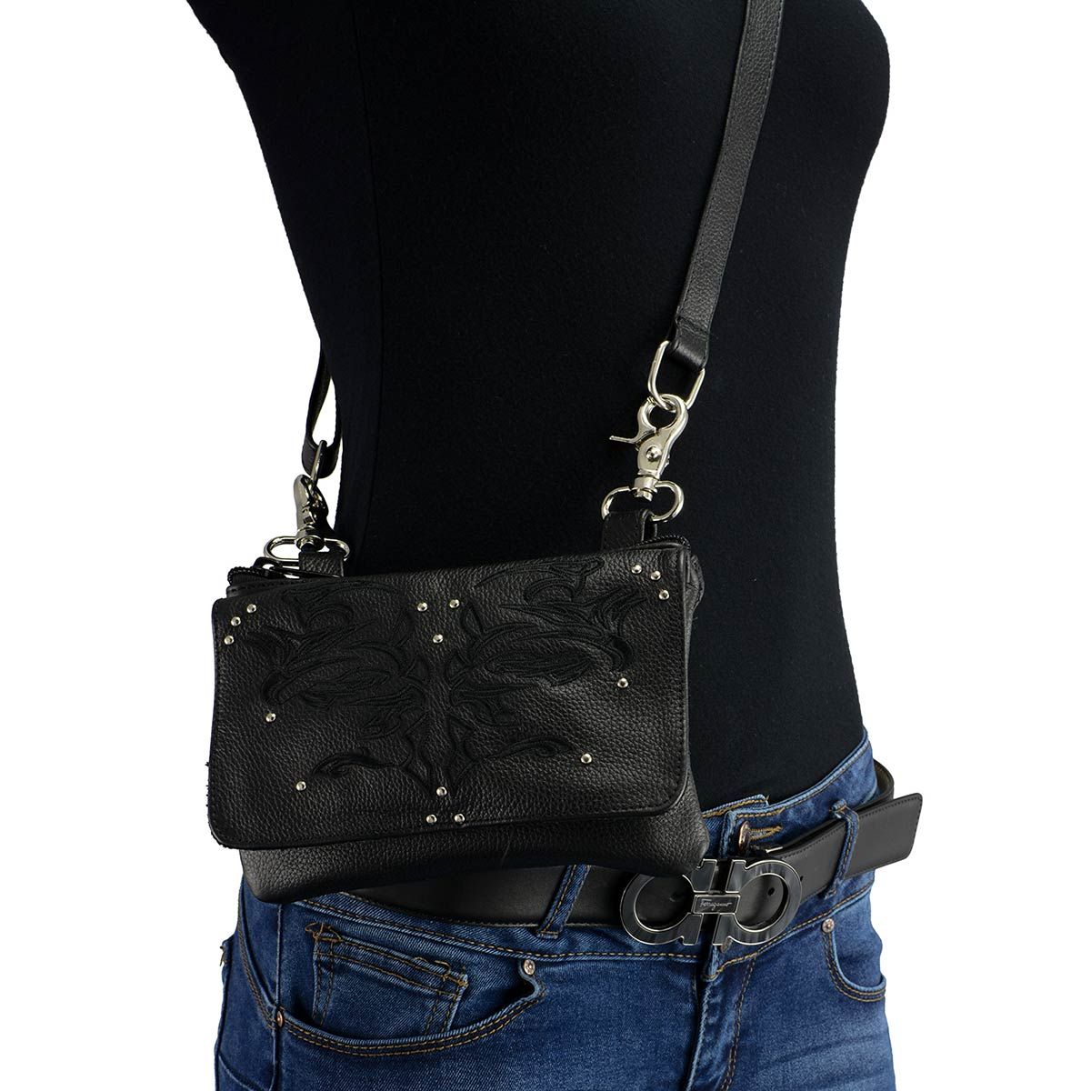 Milwaukee Leather MP8852 Women's Black Leather Multi Pocket Belt Bag Milwaukee Leather MP8852 Women's Black Leather Multi Pocket Belt Bag