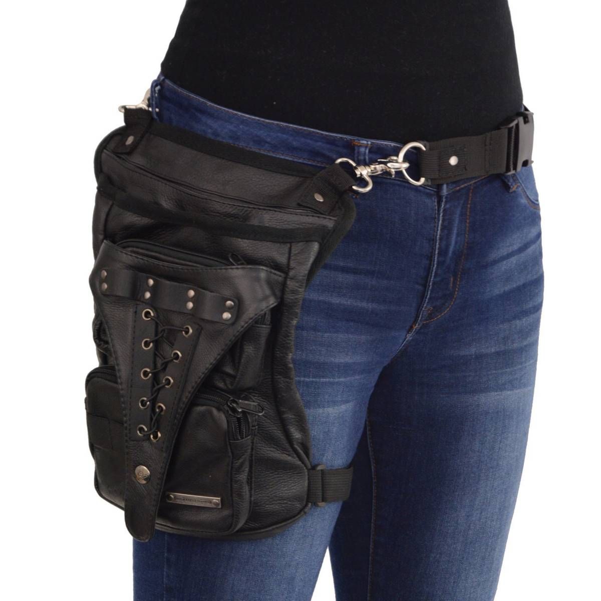 Milwaukee Leather MP8885 Ladies Black Conceal and Carry Black Leather Thigh Bag with Waist Belt Milwaukee Leather MP8885 Ladies Black Conceal and Carry Black Leather Thigh Bag with Waist Belt
